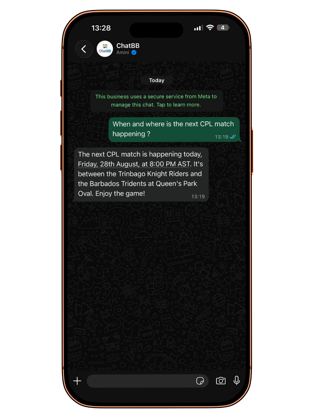 ChatBB WhatsApp conversation showing a question about the next CPL match and an answer with venue details